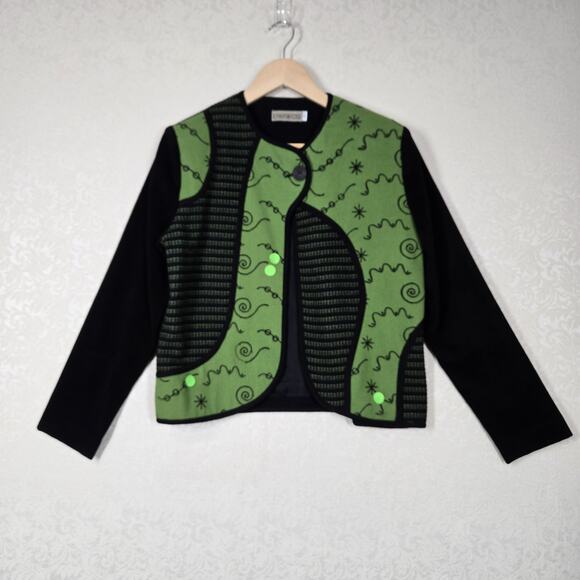 VTG Wool Blend Canvasbacks Jacket S Green Black Mixed Print Art To Wear Boho - Picture 13 of 13